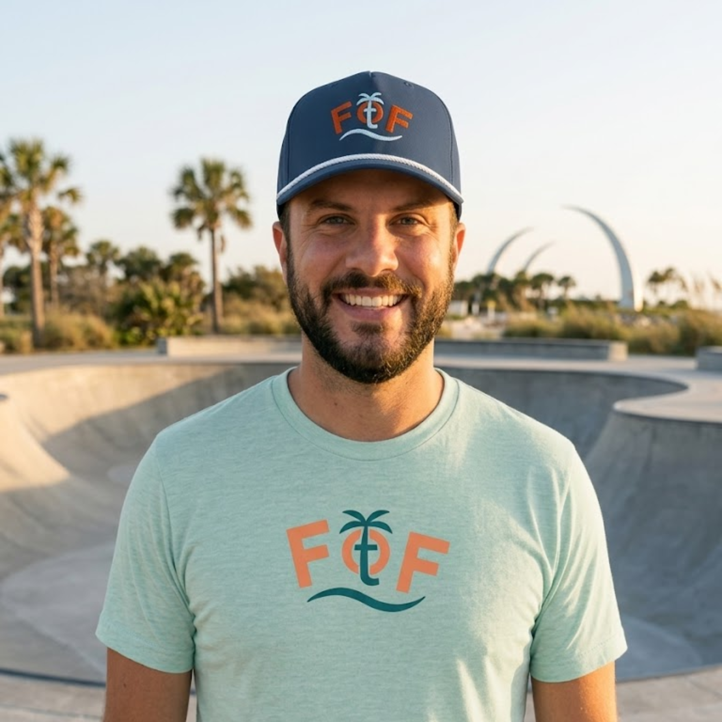 Guy wearing Focus on the Faith Navy Hat