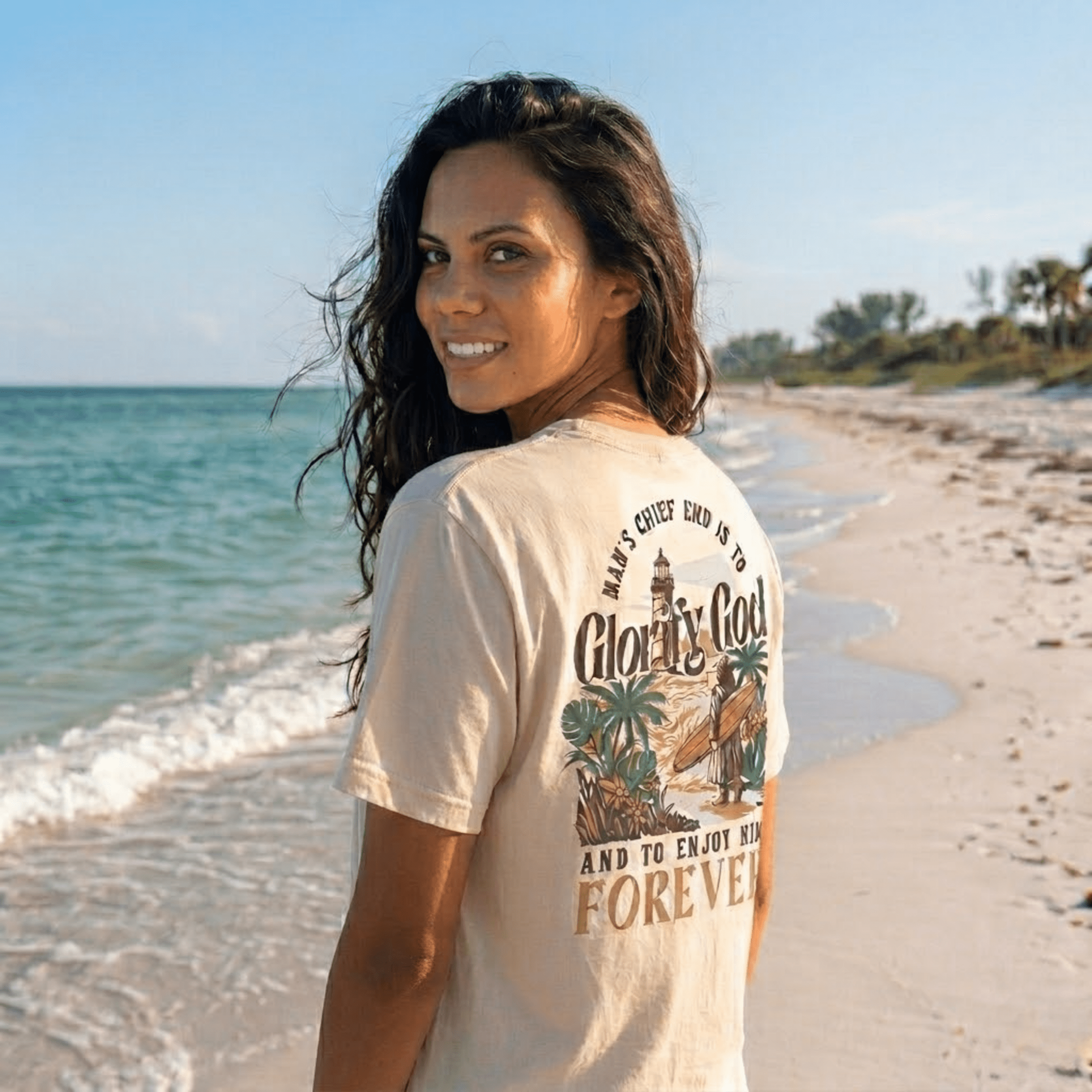 Woman wearing Glorify God Man's Chief End Tee